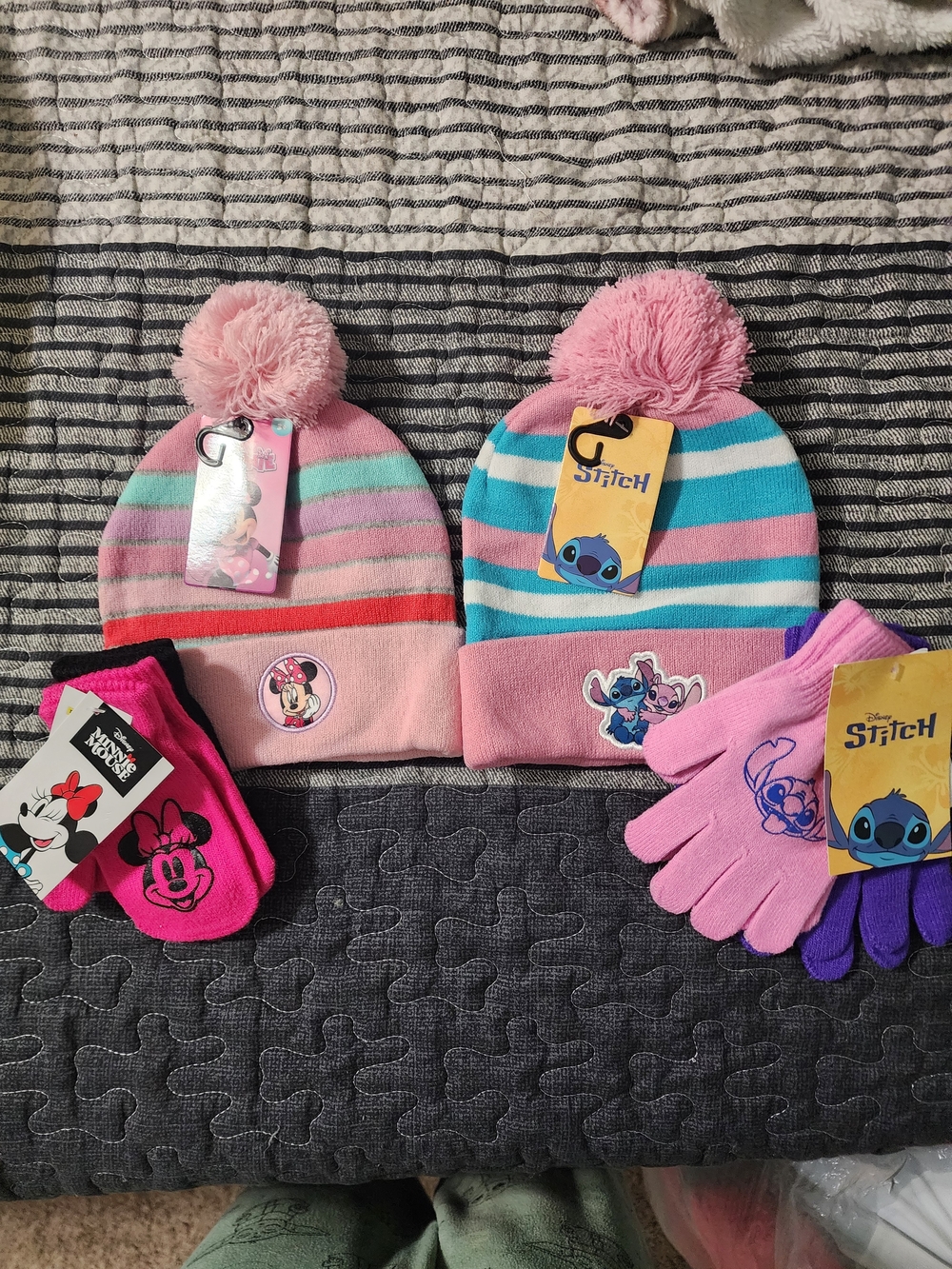 Disney Pink & Teal Striped Pom Beanie Set with Stitch & Minnie Gloves
